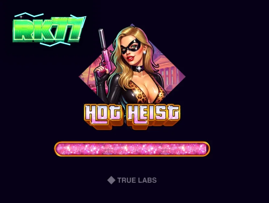 Tampilan visual slot Hot Heist dengan tema neon dan elemen perampokan