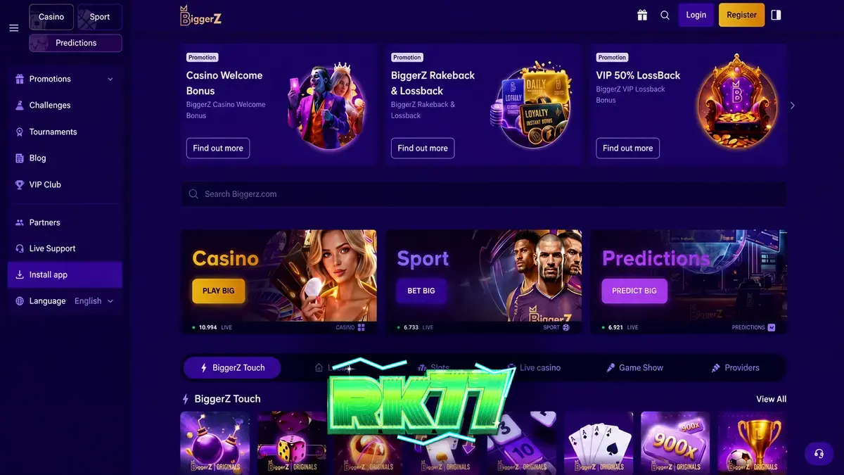 Antarmuka platform taruhan BiggerZ yang menampilkan berbagai opsi permainan kasino dan taruhan olahraga.